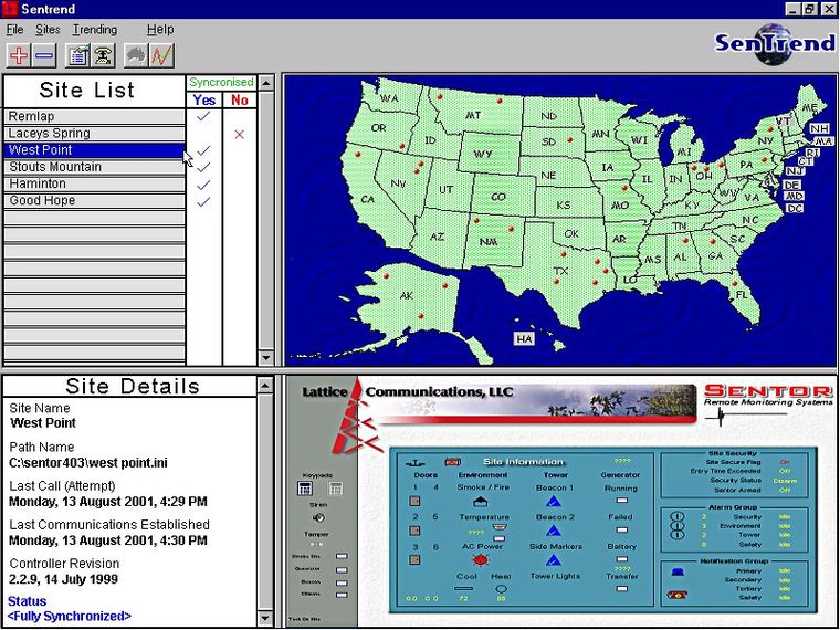Sentor software showing mapped sites and live device readings