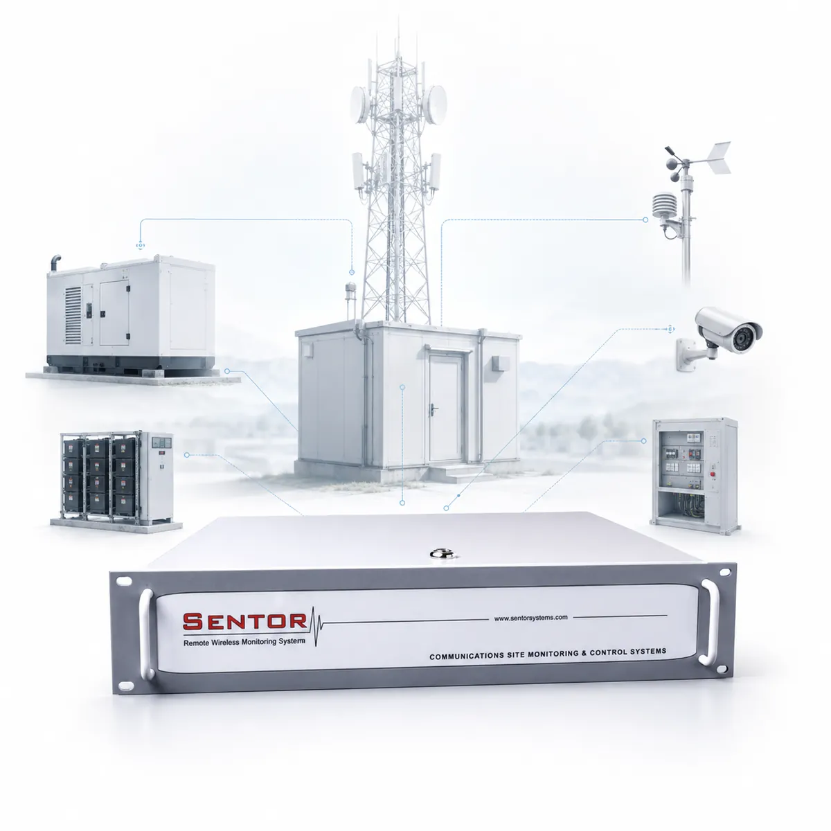 Sentor remote site monitoring system connected to a communications tower, equipment shelter, generator, battery bank, weather station, security camera and control panel