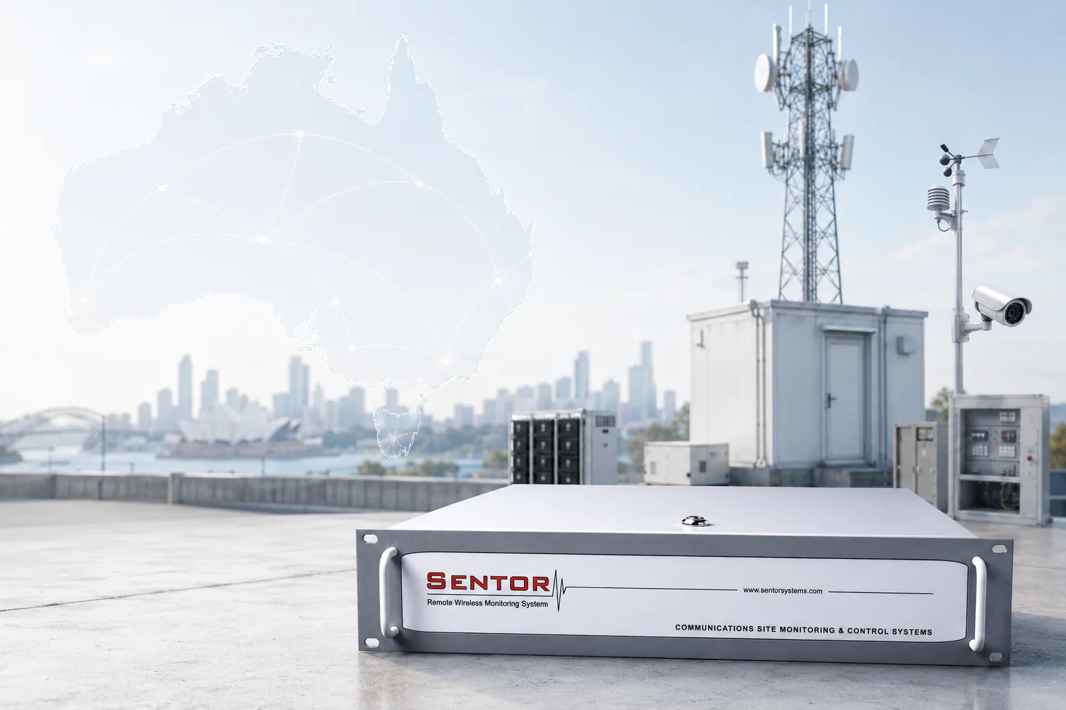 A Sentor rack-mount controller with an Australian communications site, tower and equipment shelter behind it