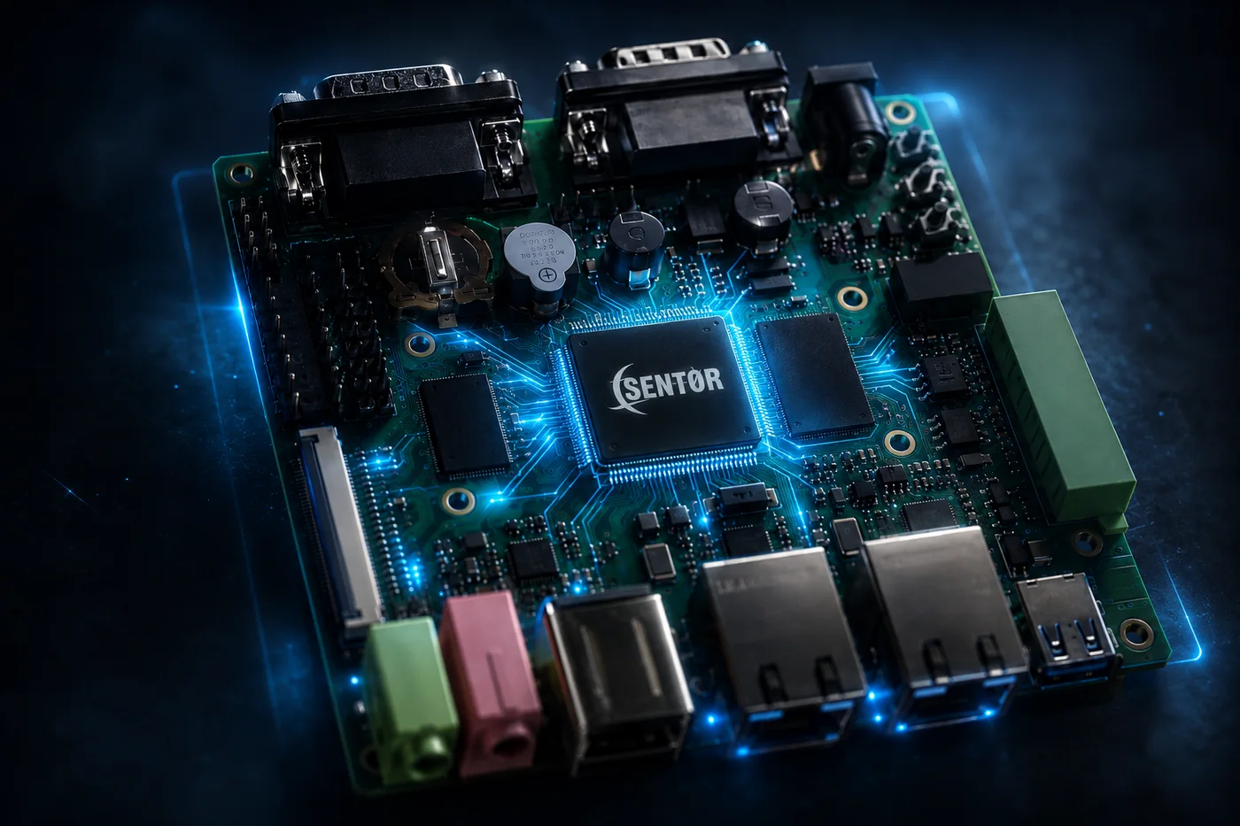 Sentor i7000 controller board with its processor lit, representing the scenario logic that runs on the controller itself at each site