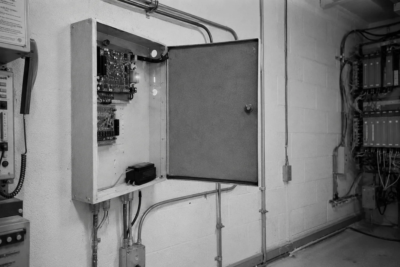 A long-serving Sentor controller still in operation on a plant room wall, cabinet open, conduit and cabling in place